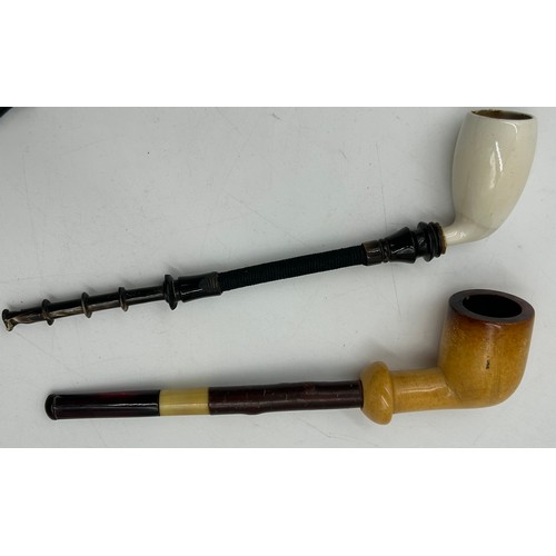 1416 - Four Smoking Pipes to include a German porcelain Pipe Bowl hand painted with army scene dated 1912-1... 