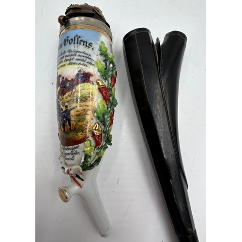 1416 - Four Smoking Pipes to include a German porcelain Pipe Bowl hand painted with army scene dated 1912-1... 