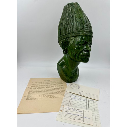 1004 - A 'Masai Man' carved in South African Verdite by Naboth Kudzunga 43cm h. With a certificate of authe... 