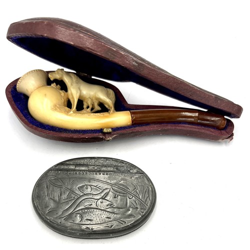 1377 - A 19thC meerschaum cheroot holder with amber mouthpiece a/f, in fitted case together with a 19thC pe... 