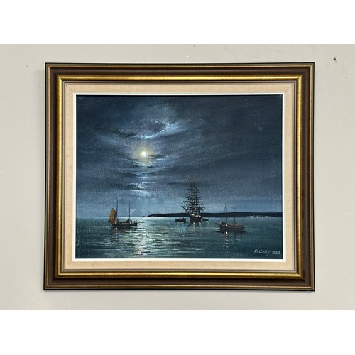 1526 - Nigel Hallard (1936-2020) - oil on canvas of a moonlight seascape with boats, signed and dated 1960 ... 