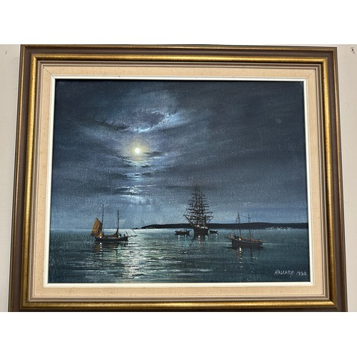 1526 - Nigel Hallard (1936-2020) - oil on canvas of a moonlight seascape with boats, signed and dated 1960 ... 