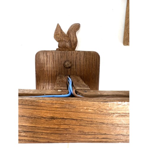 161 - Squirrelman: Three Wilfred Hutchinson of Husthwaite double light English oak wall brackets. Two 24cm... 