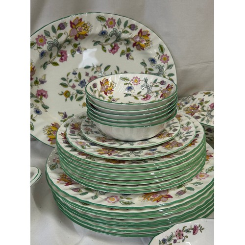 381 - Minton 'Haddon Hall' part dinner service comprising of 2 x large lidded serving dishes 27cm, meat pl... 