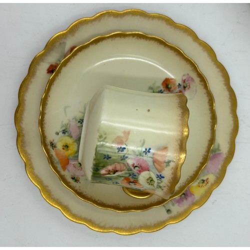 383 - Continental hand painted part tea service decorated with poppies and gilt edges to include 6 x plate... 