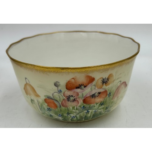 383 - Continental hand painted part tea service decorated with poppies and gilt edges to include 6 x plate... 