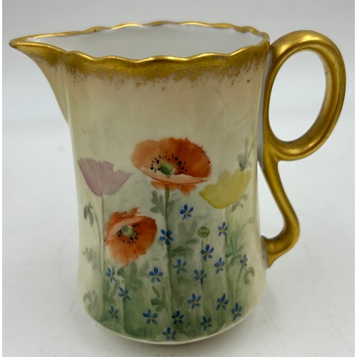 383 - Continental hand painted part tea service decorated with poppies and gilt edges to include 6 x plate... 