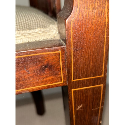 62 - An Edwardian mahogany inlaid armchair with wool work seat. 94.5cm h, to seat 44cm, width 57cm.