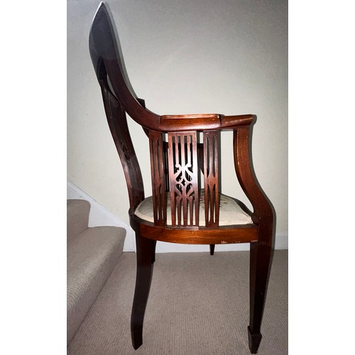 62 - An Edwardian mahogany inlaid armchair with wool work seat. 94.5cm h, to seat 44cm, width 57cm.