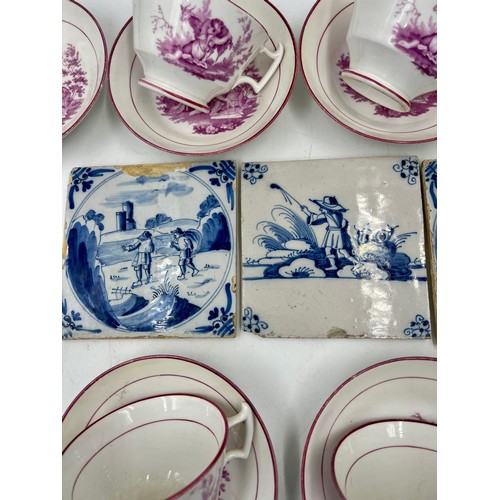 388 - Ceramics to include 19thC pink Sunderland lustre cups and saucers, Coalport cup and saucer and three... 