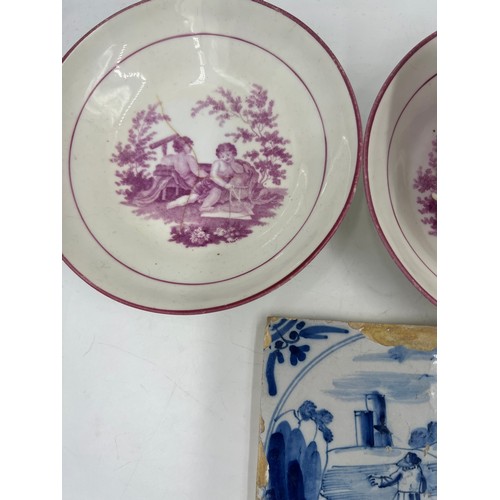 388 - Ceramics to include 19thC pink Sunderland lustre cups and saucers, Coalport cup and saucer and three... 