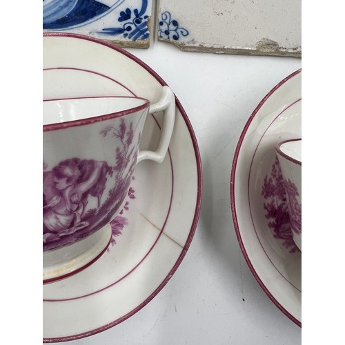 388 - Ceramics to include 19thC pink Sunderland lustre cups and saucers, Coalport cup and saucer and three... 