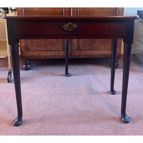 53 - An 18thC mahogany fold over tea table with single gate and pad feet. 76cm w x 36cm d x 72cm h.