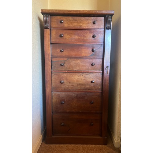 56 - A 19thC mahogany Wellington chest of 5 drawers and secretaire with drop front. 124cm h x 60cm w x 41... 