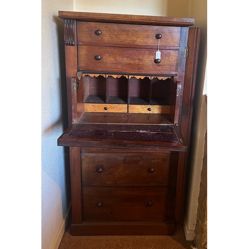 56 - A 19thC mahogany Wellington chest of 5 drawers and secretaire with drop front. 124cm h x 60cm w x 41... 