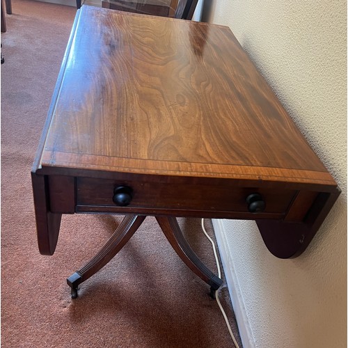 58 - A 19thC mahogany pembroke table with dummy drawer on original brass casters. 91cm w x 56cm d x 68cm ... 