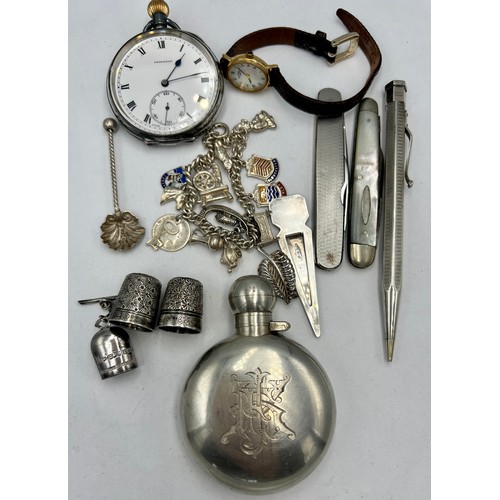 692 - A miscellaneous lot to include .925 silver pocket watch, two Charles Horner Dorcas thimbles, fruit k... 