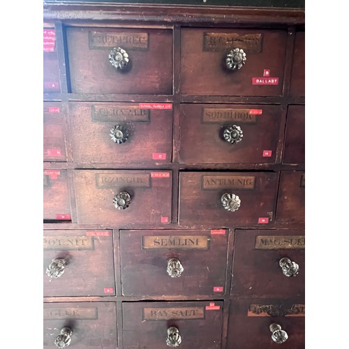 64 - Nineteenth century drug run/drawers, multiple drawers over cupboards to base. 268cm l x 137cm h x 30... 