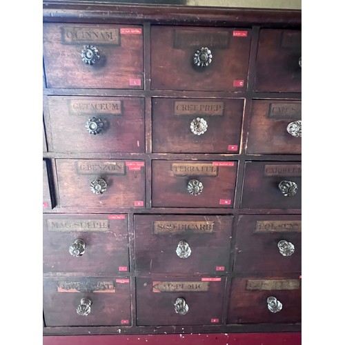 64 - Nineteenth century drug run/drawers, multiple drawers over cupboards to base. 268cm l x 137cm h x 30... 