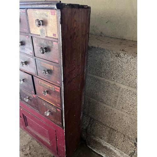 64 - Nineteenth century drug run/drawers, multiple drawers over cupboards to base. 268cm l x 137cm h x 30... 