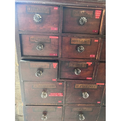 64 - Nineteenth century drug run/drawers, multiple drawers over cupboards to base. 268cm l x 137cm h x 30... 