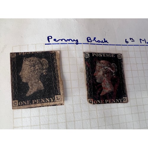 795 - GB album and world stamps on pages. Including two X 1d Penny Black, Penny Reds and two Penny Blues e... 