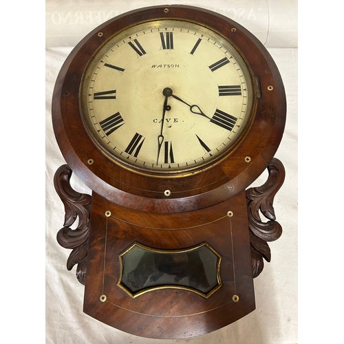 1123 - A Watson, Cave drop dial wall clock in mahogany case with keys and winder.