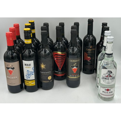 1249 - A quantity of wine and spirits to include 2 x bottles of white rum, 2 x bottles of dark rum, 2 x Gio... 