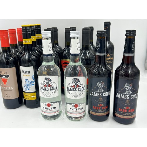 1249 - A quantity of wine and spirits to include 2 x bottles of white rum, 2 x bottles of dark rum, 2 x Gio... 