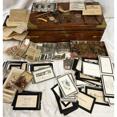 1065 - A wooden writing slope and contents comprising of Broomfleet related  funeral memorial cards to incl... 