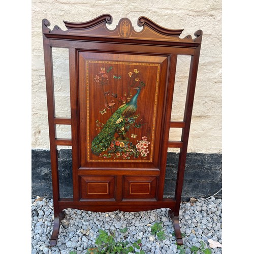 1366 - An Edwardian mahogany inlaid and painted fire screen. 81cm h x 51cm w.