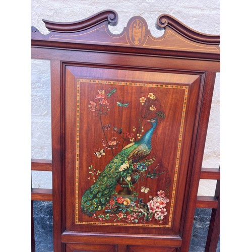 1366 - An Edwardian mahogany inlaid and painted fire screen. 81cm h x 51cm w.