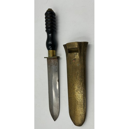 1369 - A Siebe Gorman diver's knife with a double edged blade 33.5cm, a turned ebonite ribbed handle and br... 