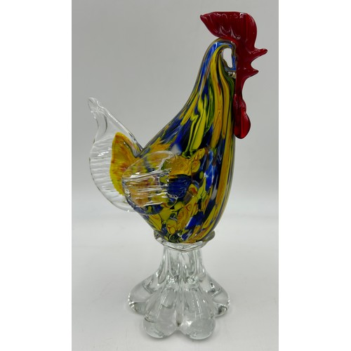 497 - A quantity of mid century glass to include a dog, cockerel, 2 x vases, bowl, paper weight and an acr... 