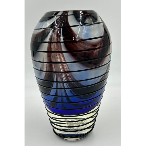 498 - Seven pieces of Mid Century glass to include a black/blue multicoloured vase 26cm h, an acid lime tw... 