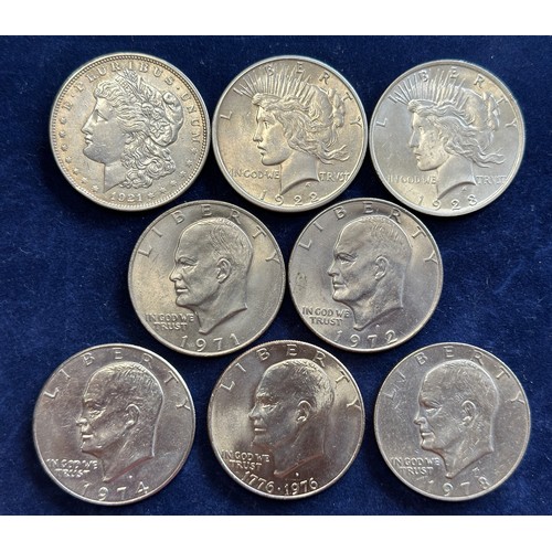 798 - A collection of eight United States of America Silver Dollars to include 1921, 1922, 1923, 1971, 197... 