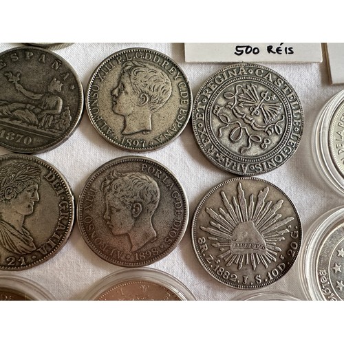 804 - European and World replica/original coins to include 5 x  Spanish silver peseta coins including 1821... 