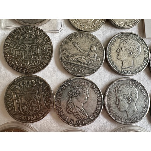 804 - European and World replica/original coins to include 5 x  Spanish silver peseta coins including 1821... 