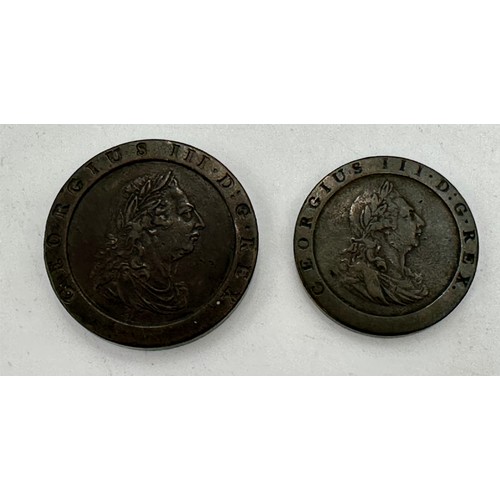 807 - British Coins: George III cartwheel twopence 1797 (56.88gm), George III cartwheel one penny 1797 (27... 