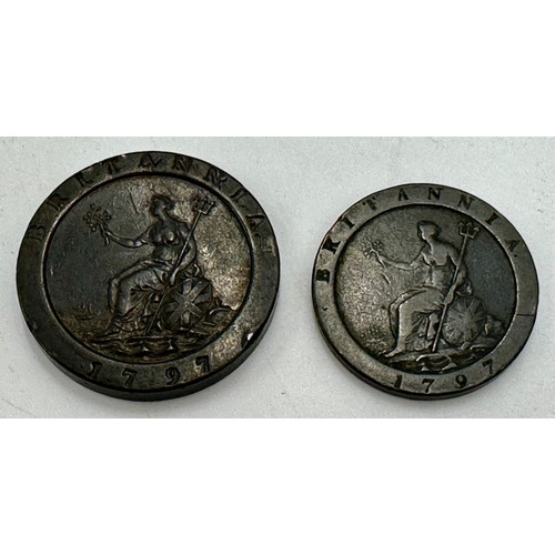 807 - British Coins: George III cartwheel twopence 1797 (56.88gm), George III cartwheel one penny 1797 (27... 