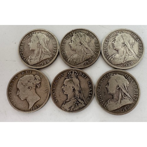 809 - British coins : Five Victoria (1837-1901) Jubilee widow head crowns, (1893,1895,1896, 1899, 1900), d... 