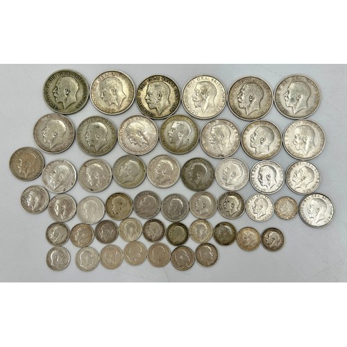 810 - A collection of mixed silver coinage to include George V : 6 x half crowns, 7 x florins, 10 x shilli... 