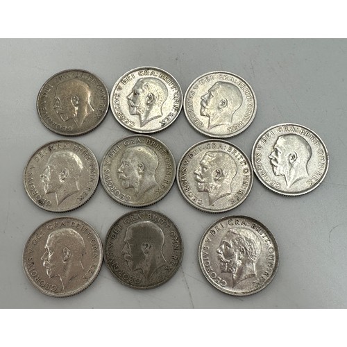 810 - A collection of mixed silver coinage to include George V : 6 x half crowns, 7 x florins, 10 x shilli... 