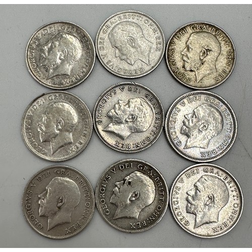 810 - A collection of mixed silver coinage to include George V : 6 x half crowns, 7 x florins, 10 x shilli... 