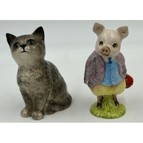 354 - Beswick. Four donkeys, tallest 14cm a Corgi, a cat and a Beatrix Potter Piglin Bland. (7)