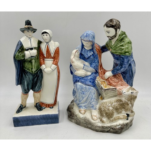 360 - Five 20thC Rye Pottery to include a nativity scene approx. 28cm x 18cm high, a pair of candlesticks ... 