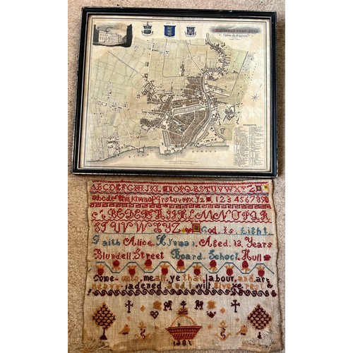 959 - A Victorian sampler by Alice ? Blundell Street Board School Hull 26cm x 30 cm, together with a map o... 