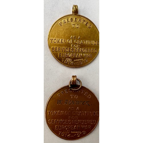 1144 - Two 9 carat gold Winlaton WWI Welcome home Fund medals. Total weight 9.1gm.