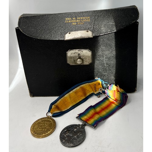 1145 - Two WWI medals for 57791 PTE. W. Rusling W. York.R together with Masonic case containing apron, book... 