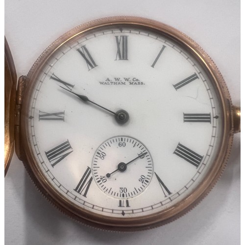 726 - A 14k gold Waltham full hunter pocket watch. 44gm weight. 3.9cm d approx.